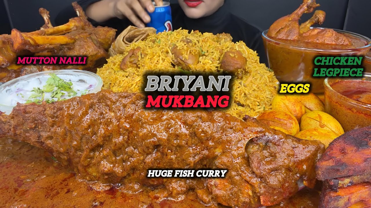 ASMR Eating Spicy Huge Fish Curry, Hyderabadi Chicken Briyani and MuttonNalli #asmr#eatingchallenge 