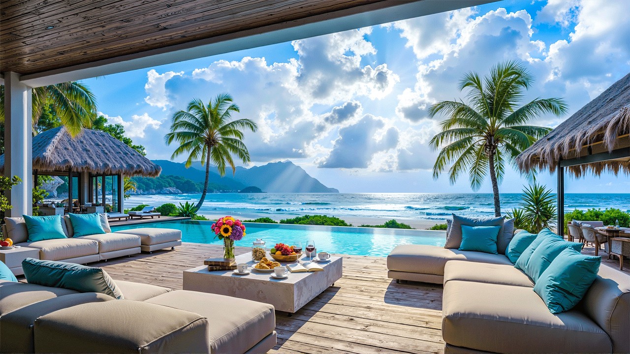 Tropical Beach Jazz 🌴Sunny Morning Ambience with Relaxing Bossa Nova Guitar & Crashing Waves to Work