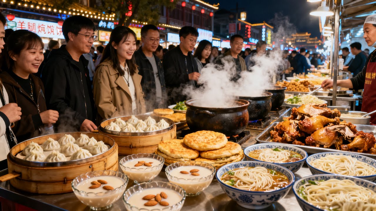 中国开封热闹的夜市美食街，猛火滚烫的砂锅，必吃小笼包，羊肉炕馍本地特色，杏仁茶暖心暖胃，鸡腿饼大口吃到爽！烩面，拉面，刀削面，碳水美食天堂，各种诱人的街头美食！