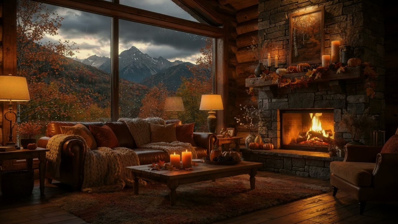 Rainy Autumn Fireplace & Soft Jazz → 4 Hours Very Cozy Sleep Ambience