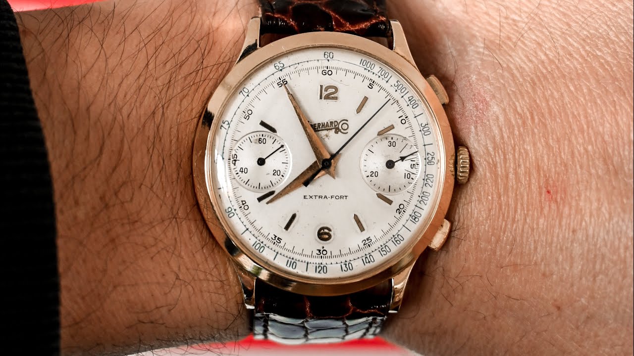 Vintage Eberhard & Co Extra-Fort 1602 18k gold chronograph men's watch with Valjoux 65