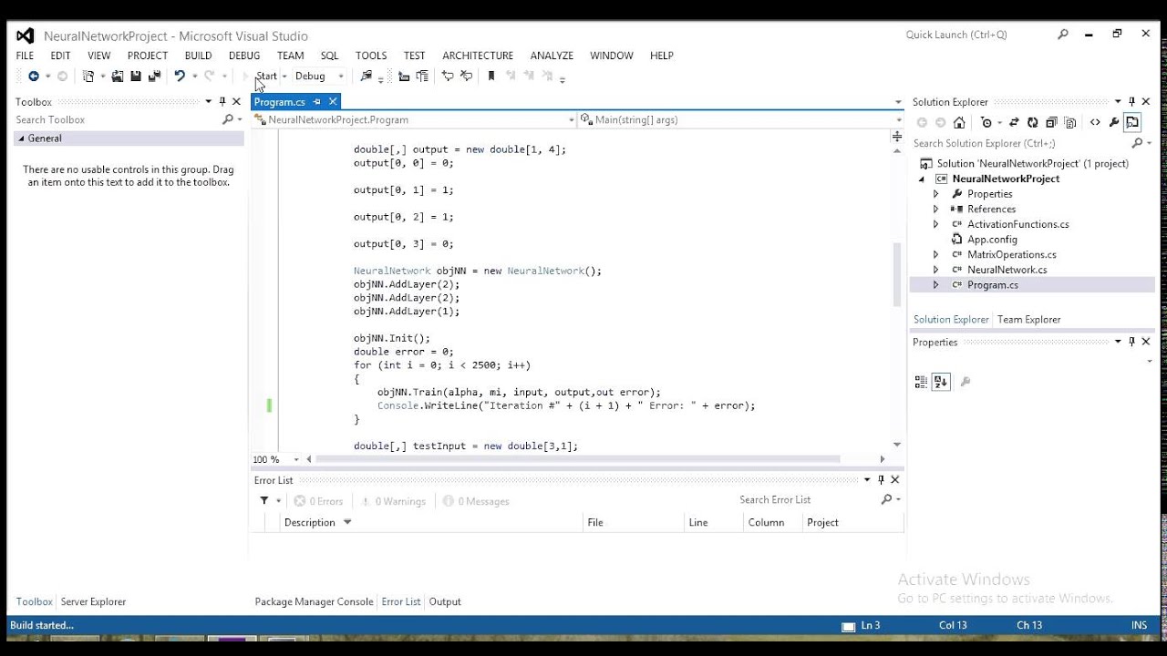 Neural Network algorithm example in C# Code Included