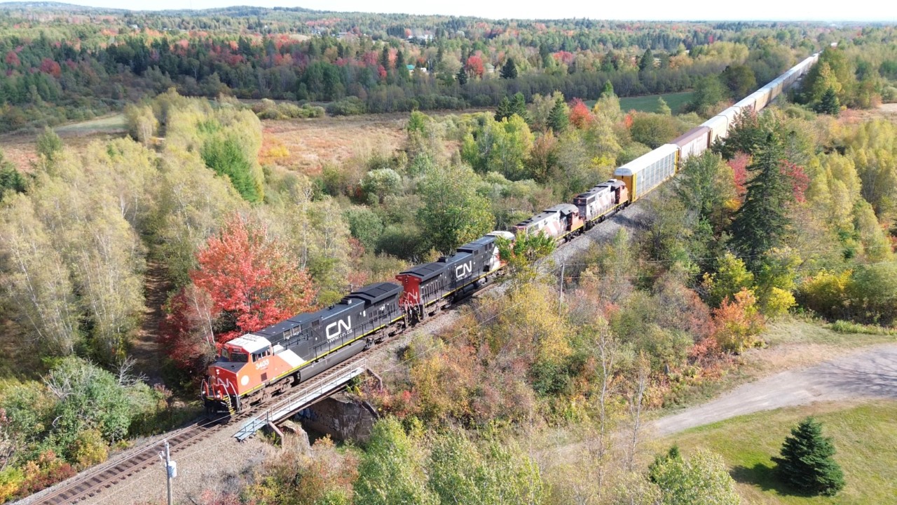 Awesome Aerial 4K View! Nice Lashup on a Long Manifest Train CN 305 approaching Pacific Junction, NB