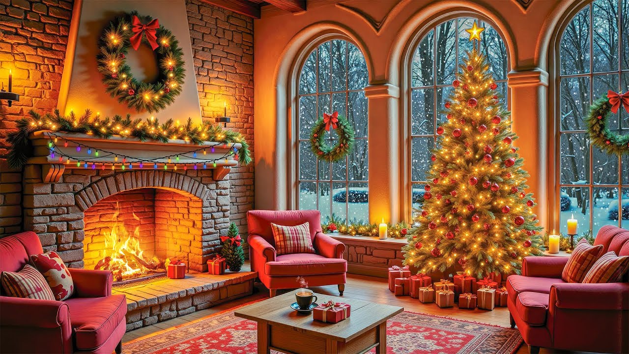 Christmas Ambience with Instrumental Christmas Music 🎄 Crackling Fireplace to Relax & Enjoy 🔥 Study