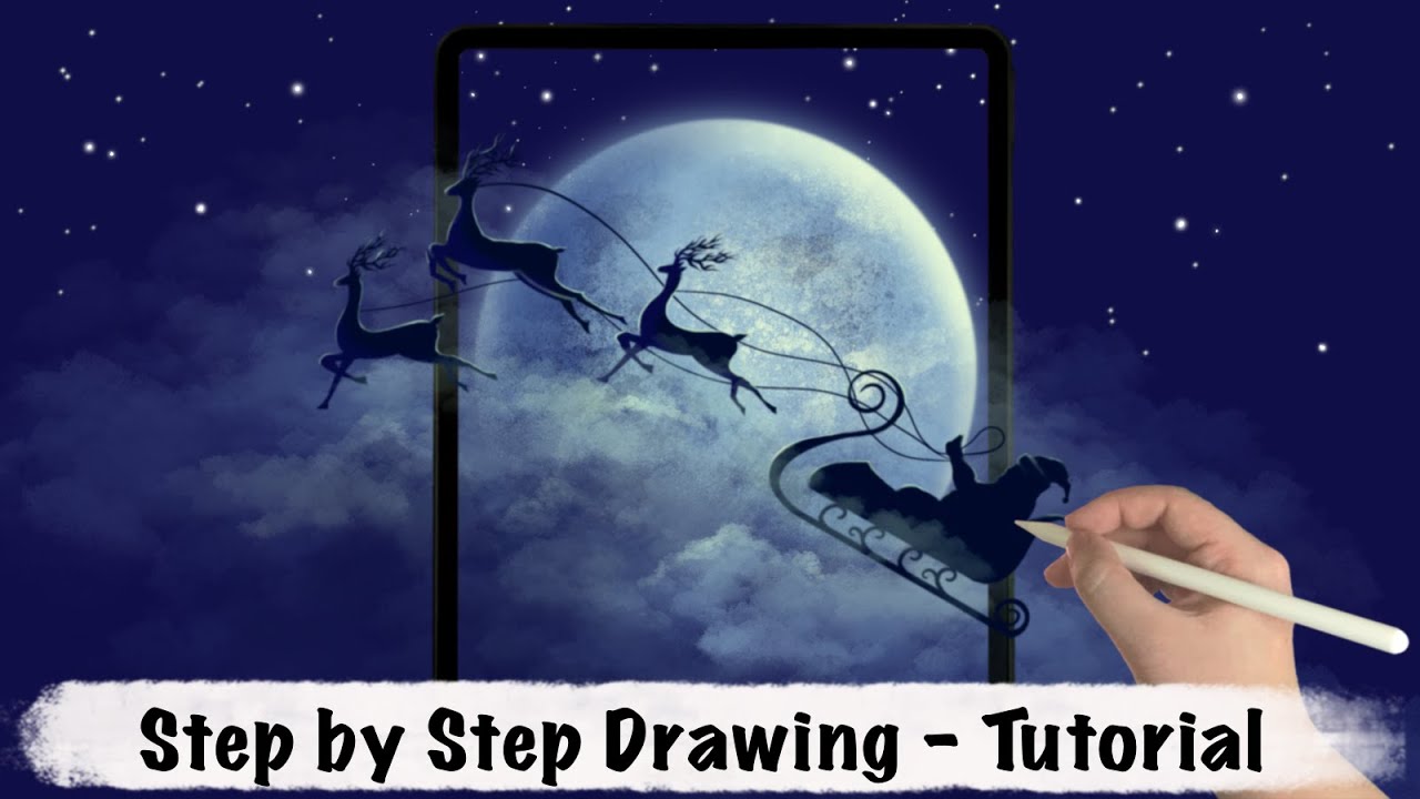 Santa Claus is Coming at a Full Moon Night iPad Procreate Drawing - Step by Step Drawing Tutorial