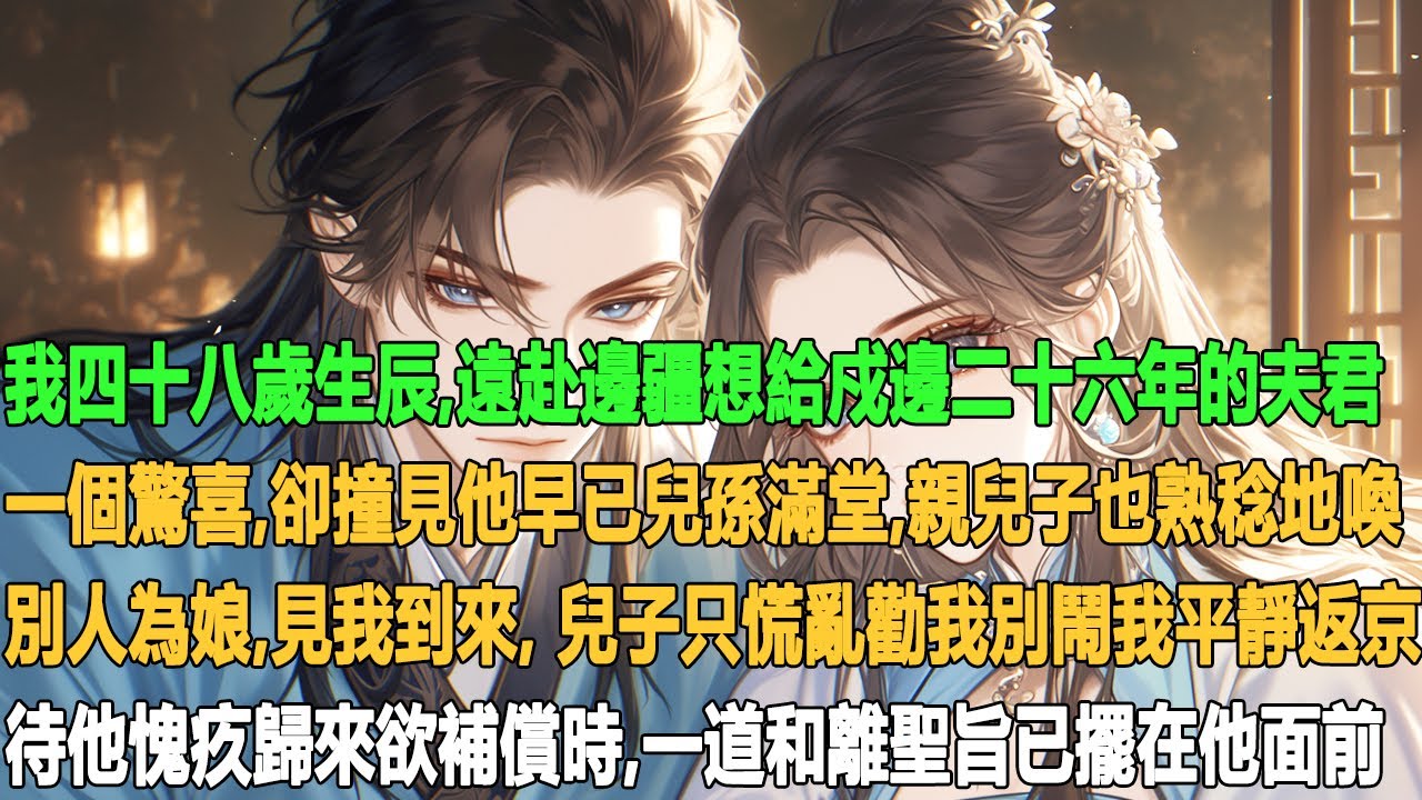 我四十八歲生辰，遠赴邊疆想給戍邊二十六年的夫君一個驚喜，卻撞見他早已兒孫滿堂，親兒子也熟稔地喚別人為娘。見我到來，兒子只慌亂勸我別鬧。我平靜返京，待他愧疚歸來欲補償時，一道和離聖旨已擺在他面前。