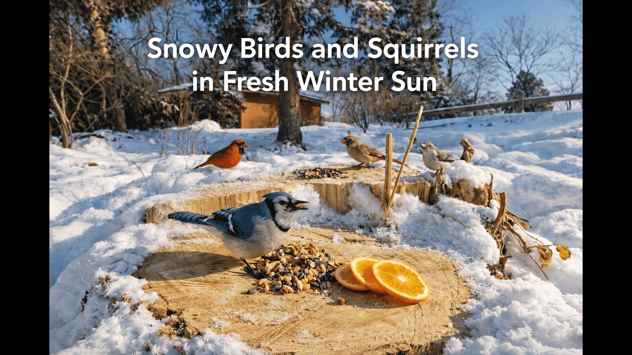 Snowy Birds and Squirrels in Fresh Winter Sun 🌞