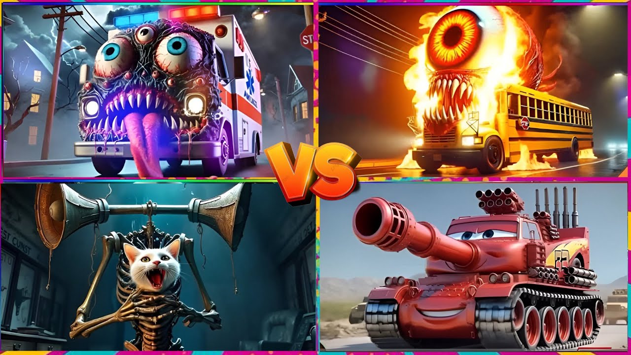 McQueen Tank 🆚  School Bus Monster🆚 School Bus🆚 THOMAS TRAIN  🎶 Tiles Hop EDM Rush