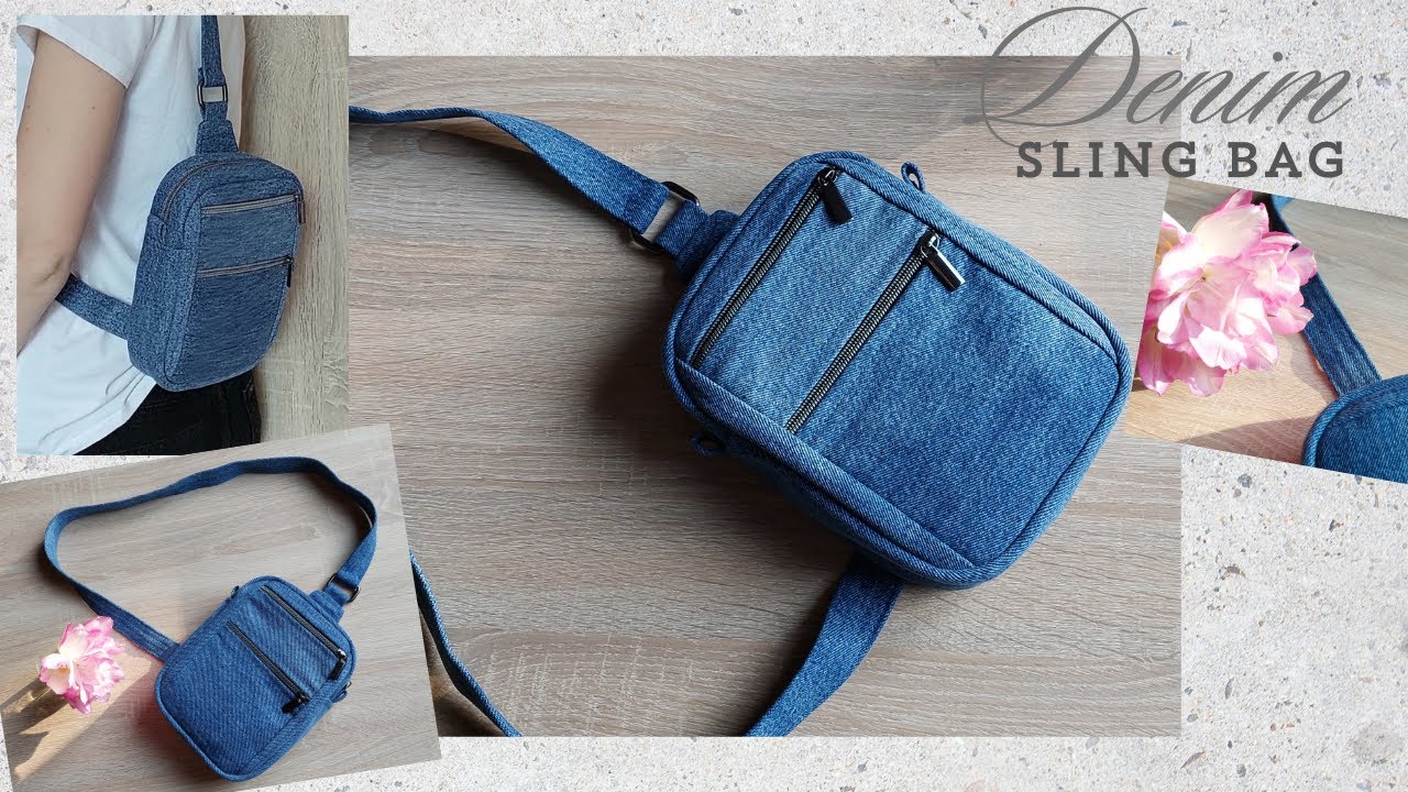 Sling Crossbody Bag with zipper and 5 pockets out of old jeans. DIY Denim Fanny Pack. Hip Bag sewing