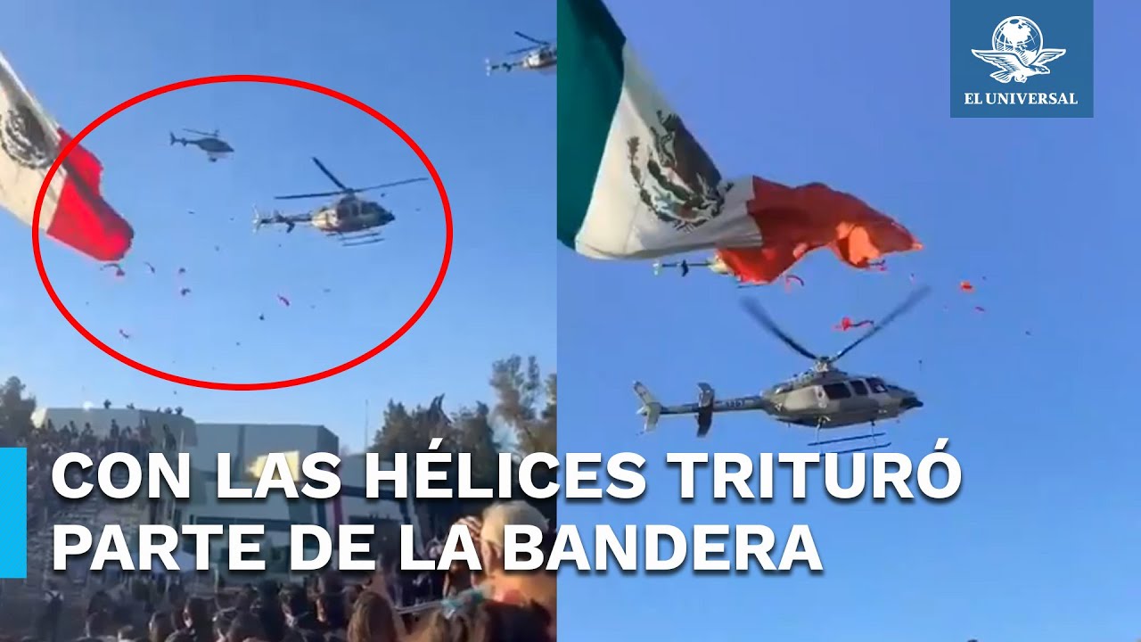 Helicóptero de la Sedena corta parte de la bandera de México en el Campo Militar 1