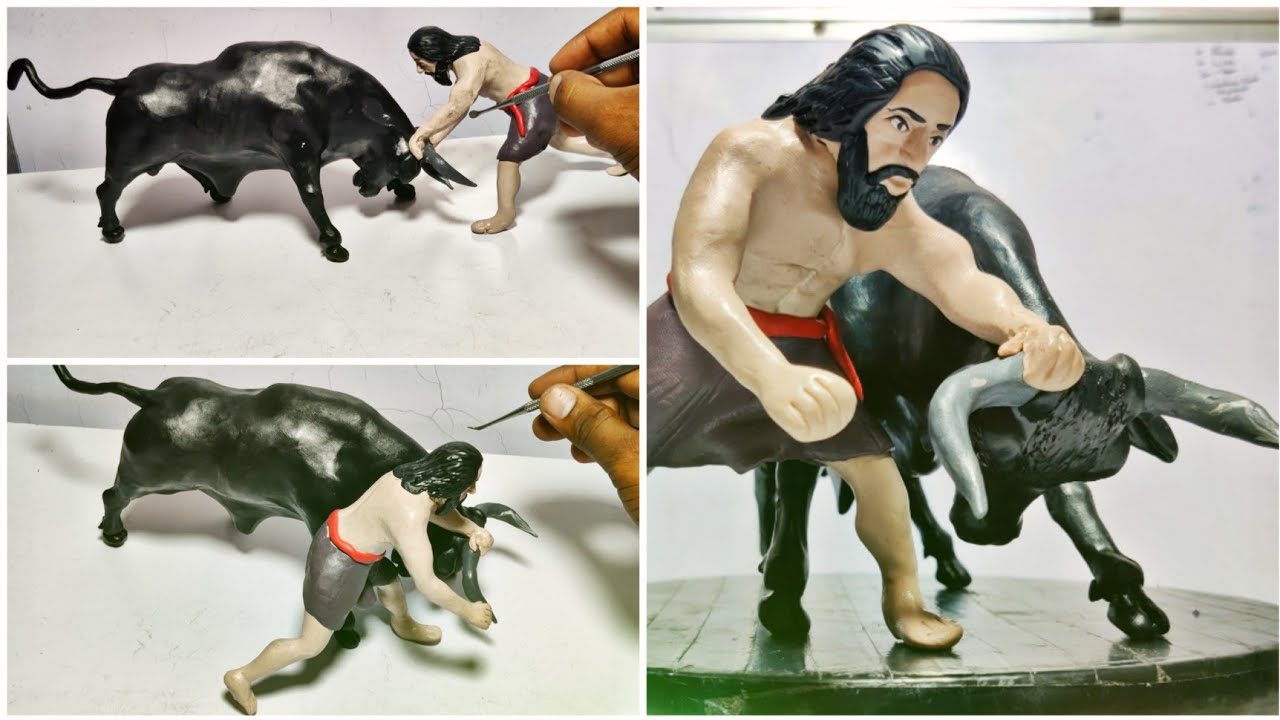 clay sculpting: Diy Man fighting with Bull from clay,clay art, clay bull, clay cow, clay modelling