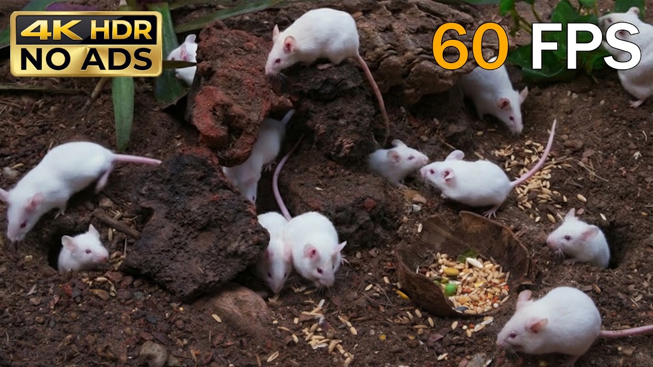 [NO ADS, NO AI] CAT TV 😺 White Mice Burrowing & Foraging in Volcanic Soil Holes 🐭 4K HDR 60FPS
