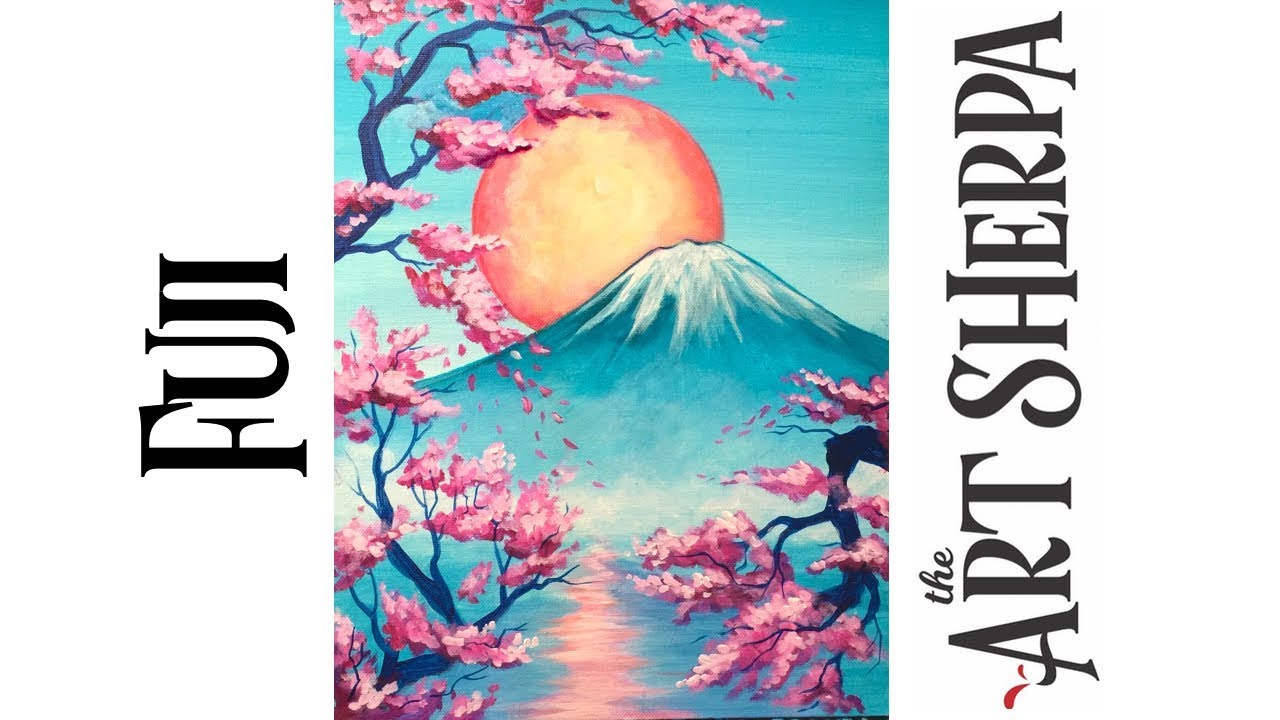 Mt Fuji How to paint with Acrylic on Canvas Cherry Blossom | TheArtSherpa