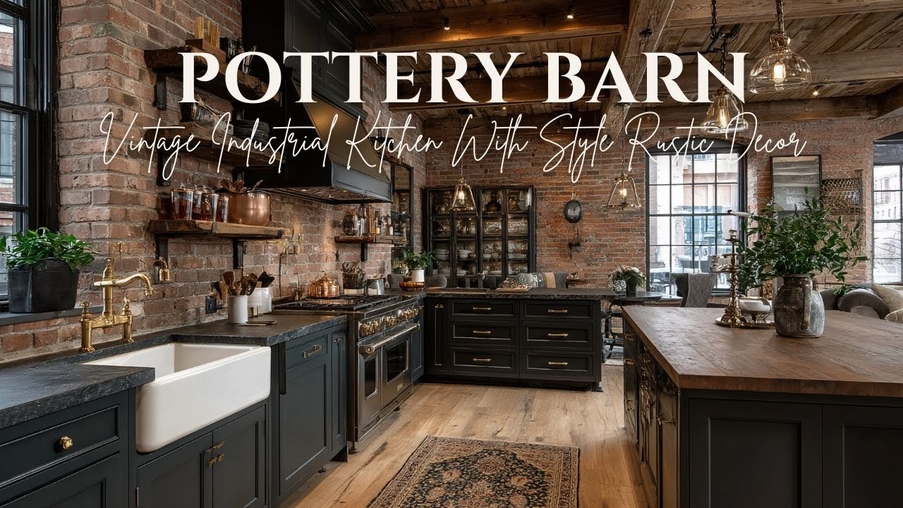 Vintage Industrial Kitchen with Pottery Barn Style Rustic Decor & Open Shelving Ideas