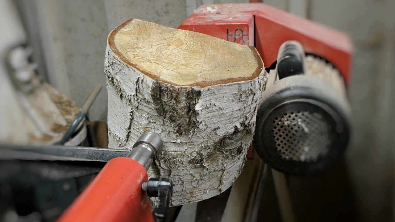 Woodturning - Spalted Silver Birch log to bowl.