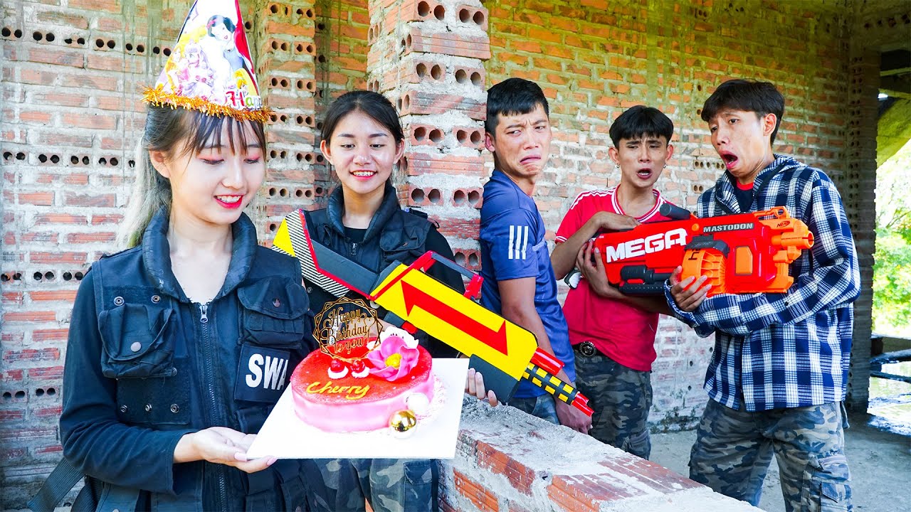 Xgirl Nerf Films: Candy giving Cake Birthday to Cherry & Detective X Girl Nerf Guns Alibaba Team