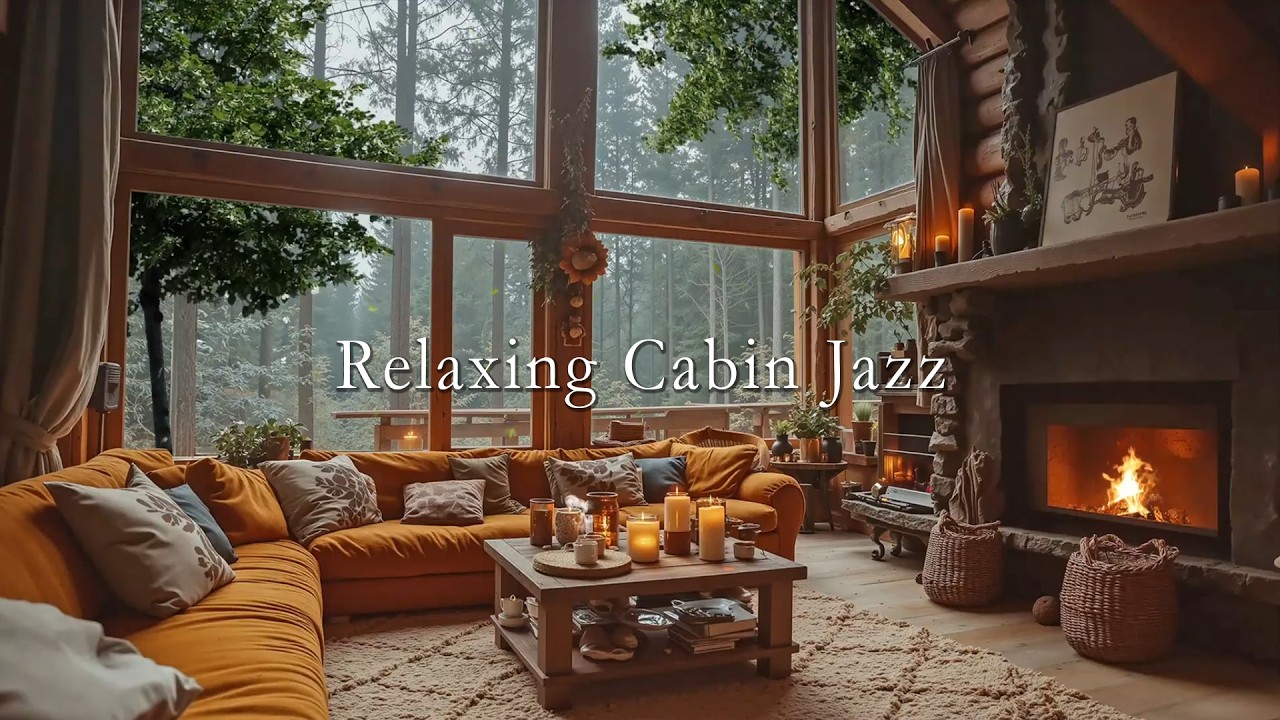 Relaxing Cabin Fireplace Jazz ☕ Peaceful Forest Views & Smooth Jazz Morning Ambience