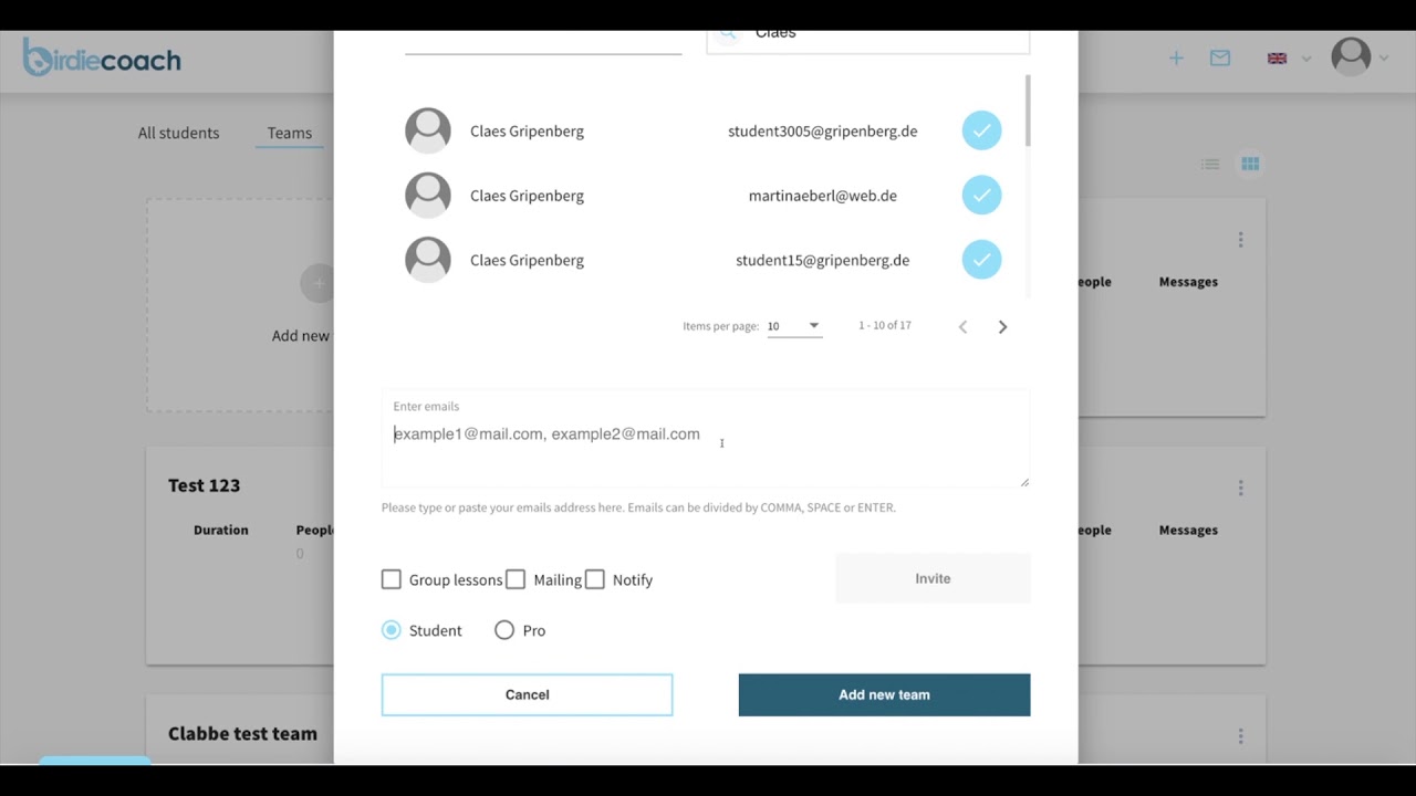 How can I create and manage teams in birdiecoach?
