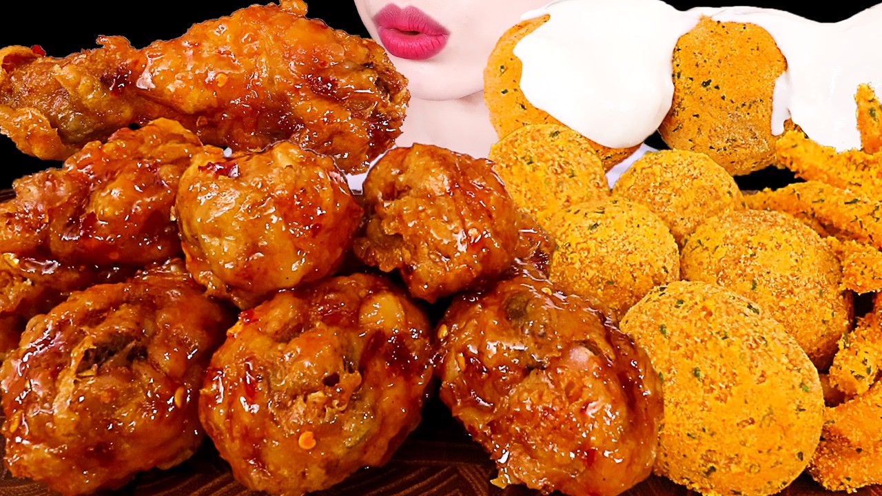ASMR MUKBANG｜FRIED CHICKEN, CHEESE BALL, FRENCH FRIES 양념치킨, 뿌링클 치즈볼, 뿌링 감자튀김, 스윗칠리킹 EATING SOUNDS 먹방