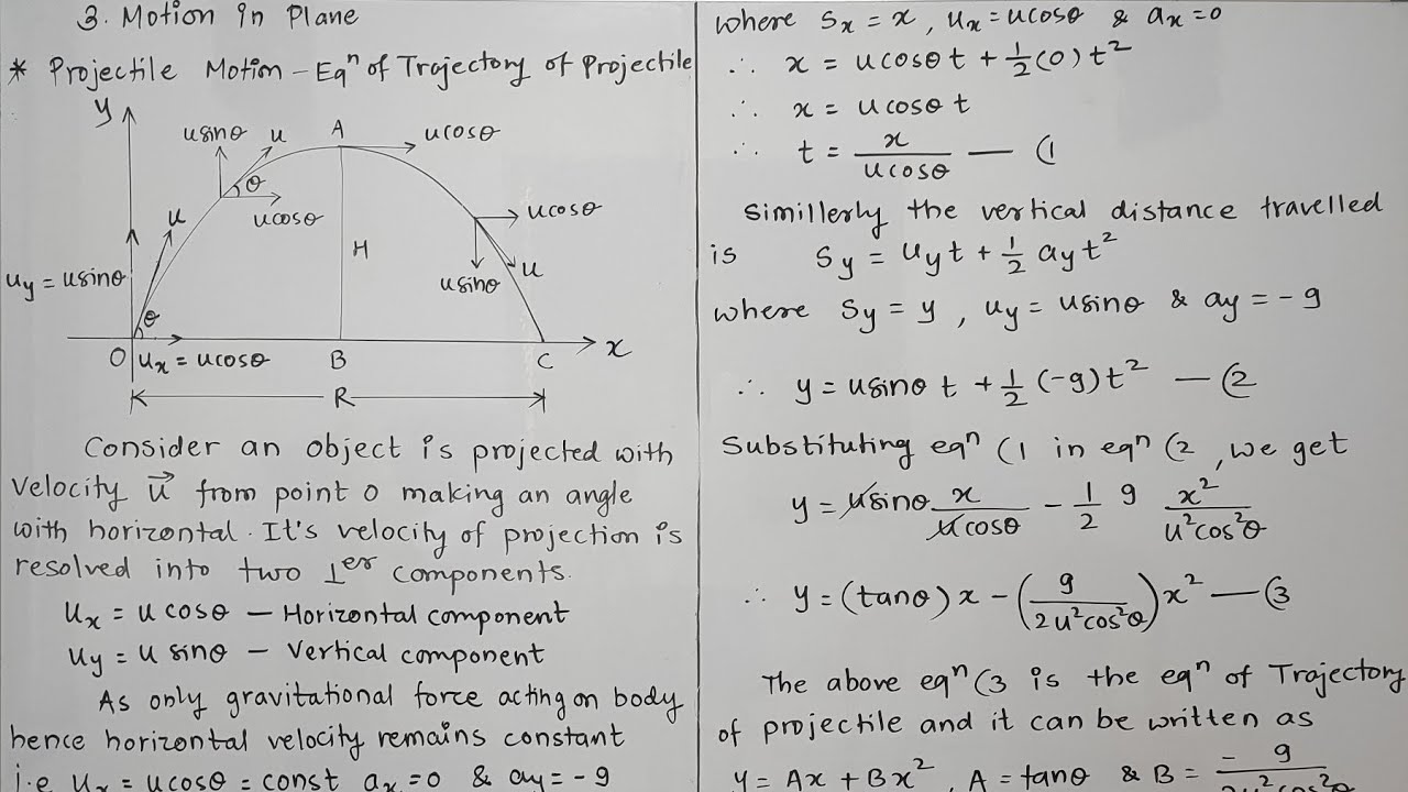 Equation of Trajectory / Path of Projectile - Motion in Plane