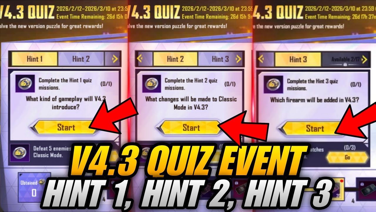 🔴V4.3 QUIZ EVENT IN PUBG MOBILE ALL MISSIONS COMPLETE | V4.3 QUIZ HINT 1, HINT 2, HINT 3 ALL ANSWERS