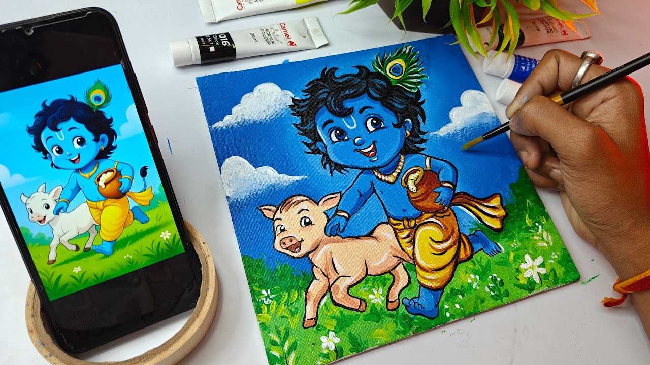 Little Krishna Acrylic Painting 🎨 | Cute Bal Gopal Painting That Will Melt Your Heart 💙✨