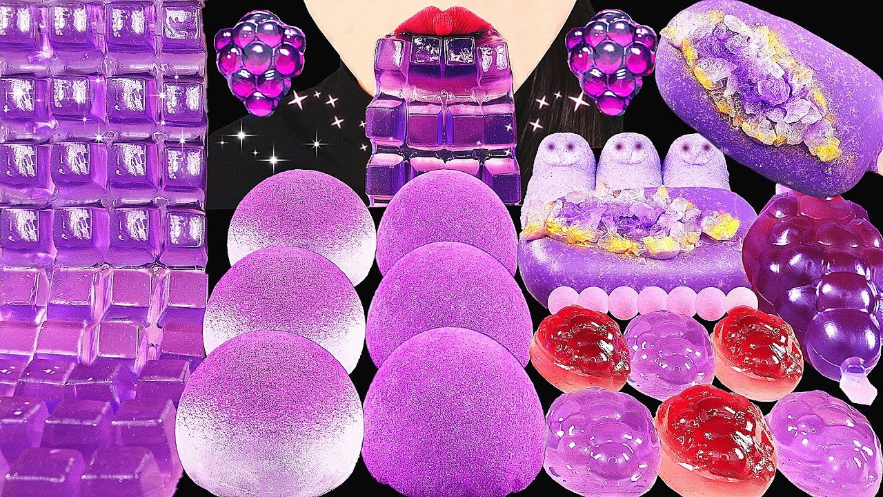 ASMR PURPLE FOODS *HOMEMADE MOCHI, GEODE CAKE POP, EDIBLE KEYBOARD JELLY, PEEPS, GRAPE CANDY EATING