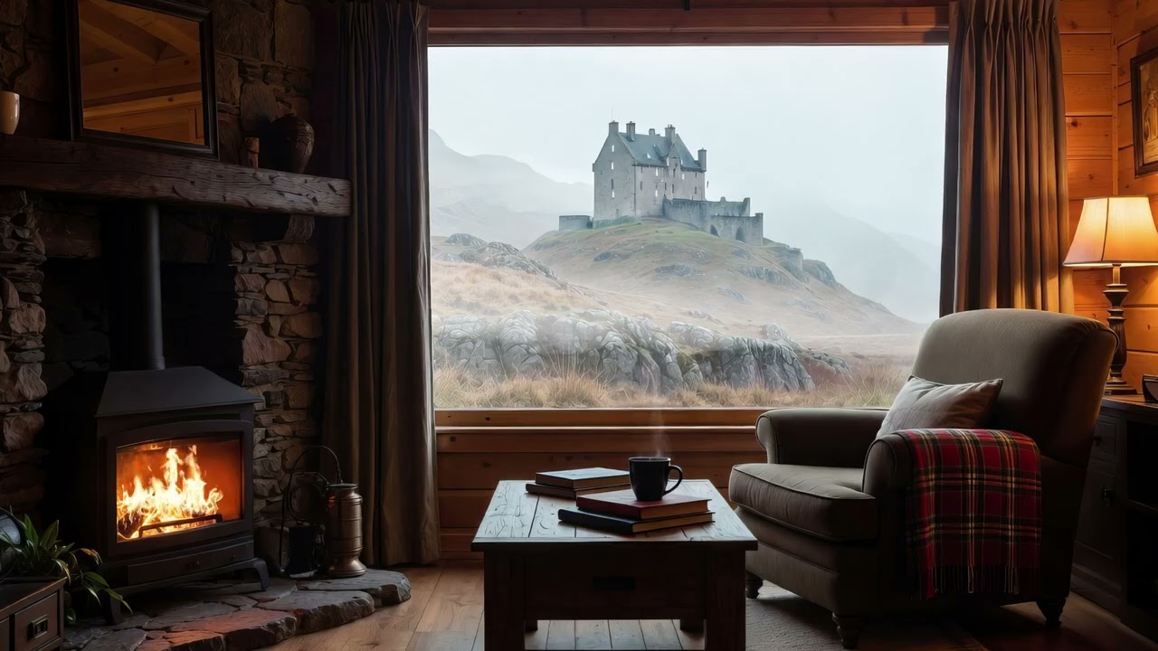 Scottish Highlands Ambience – Cozy Celtic Fireplace, Rain & Relaxing Scottish Music