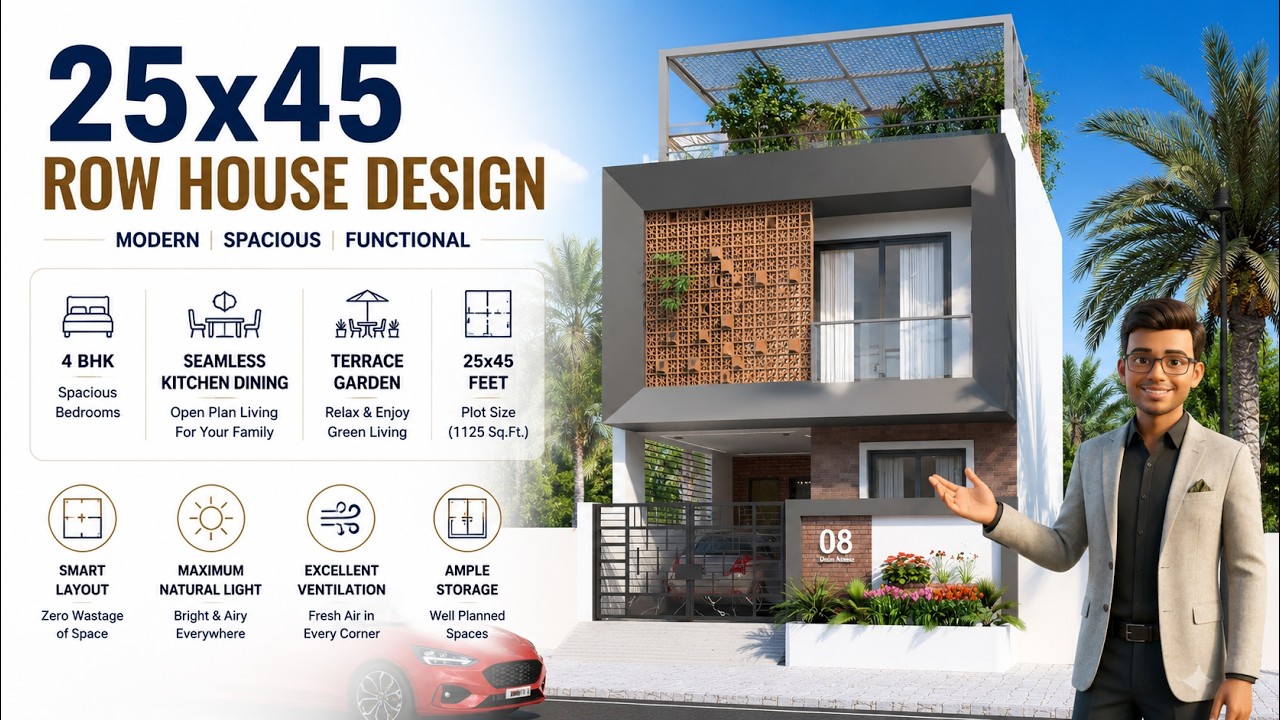 Modern House Design on 25x45 Plot | 4 BHK Residence with Rooftop Garden & Lift Provision ID W01