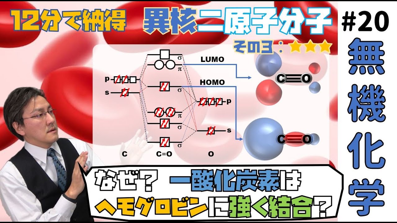 「12分で納得」異核二原子分子とヘモグロビンと一酸化炭素中毒の理由 【無機化学 20 高校化学20】/ Heteronuclear diatomic molecule