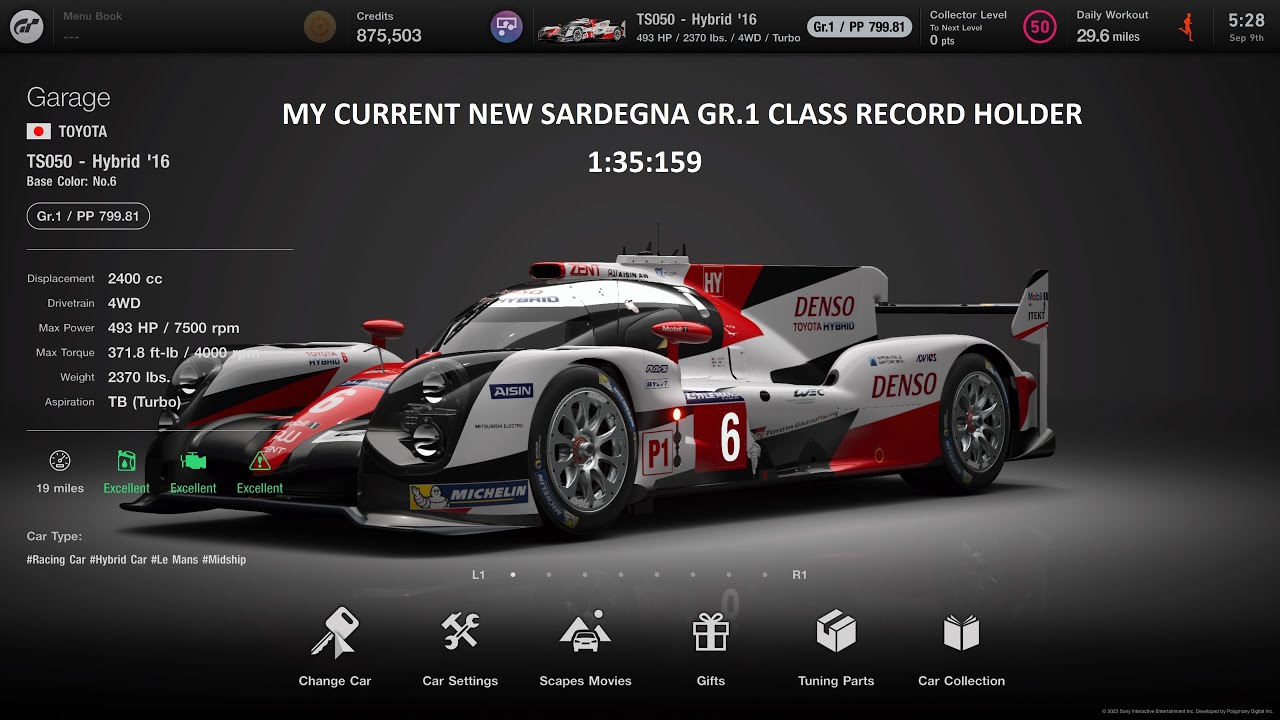 [Gran Turismo 7] Toyota TS050 Hybrid'16 800pp tune (NEW Sardegna Gr.1 record holder beating the R18)
