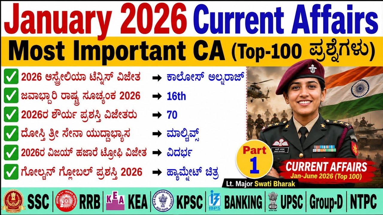 January 2026 Current Affairs | January Monthly Current Affair |100 Current Affairs MCQs Kannada