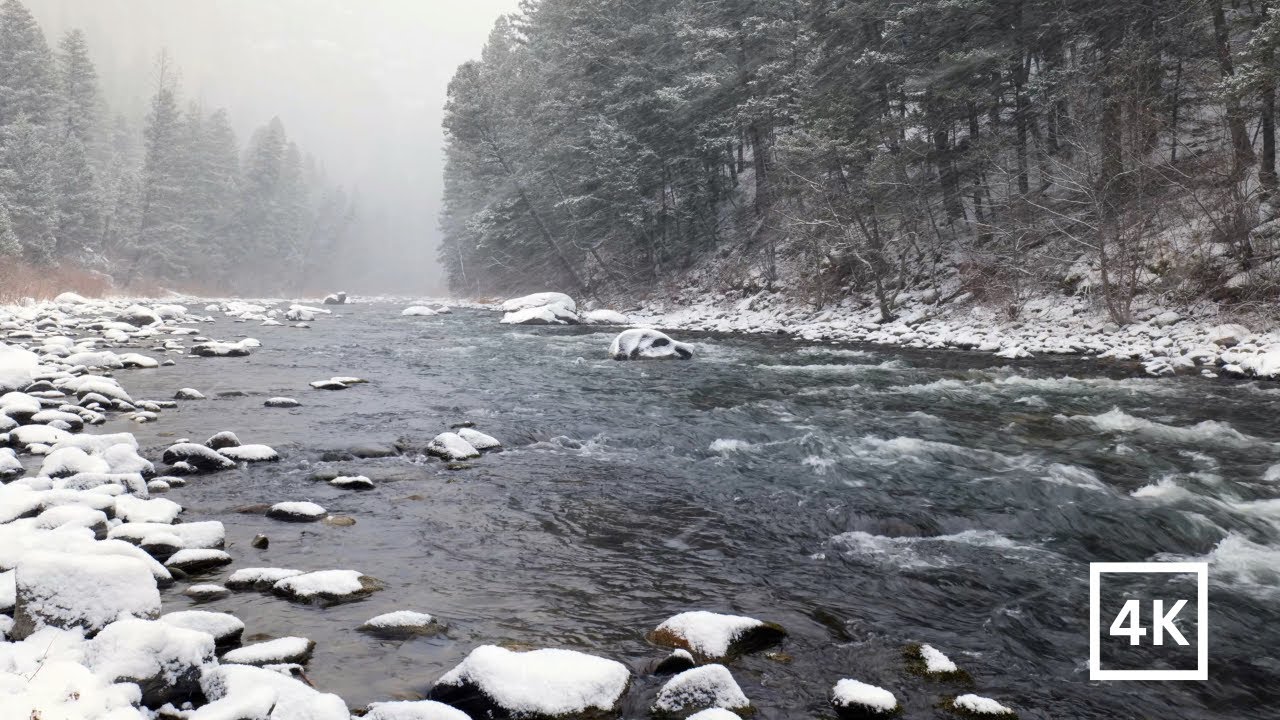 4K Winter Snowstorm | Rocky Mountains | Winter Nature Ambience | Snowy River Nature Sounds for Sleep