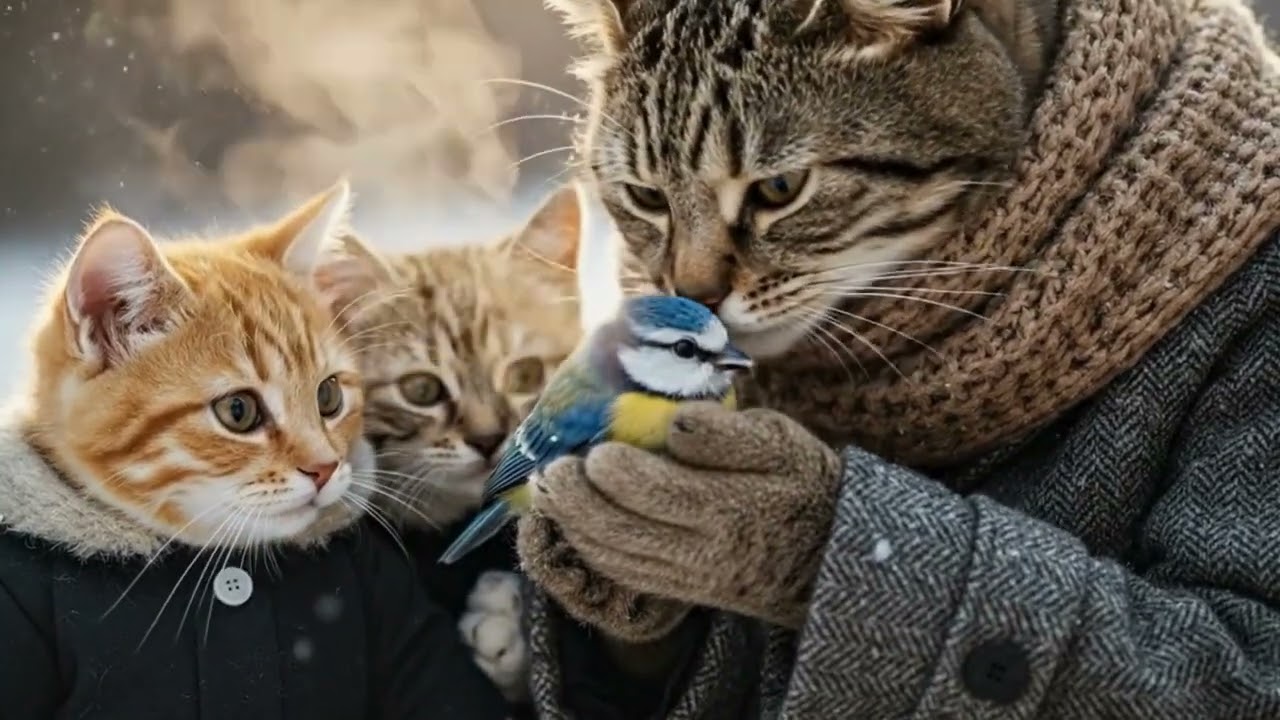 Mother cat and her little miracle in winter