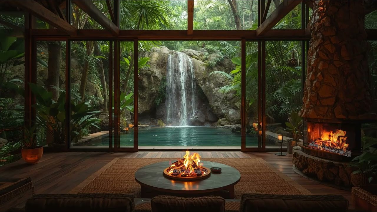 Unwind Tonight in Bali 🌴 Smooth Jazz, Waterfall & Fireplace Ambience for Relaxation & Sleep