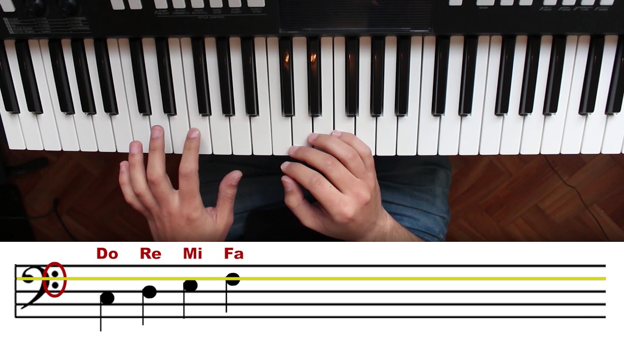Como leer pentagrama en Clave de Fa. Ejercicios f&aacute;ciles para la mano izquierda. Curso de piano 7