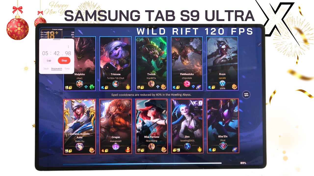Samsung Tab S9 Ultra League of Legends Mobile Wild Rift Gaming test 120FPS