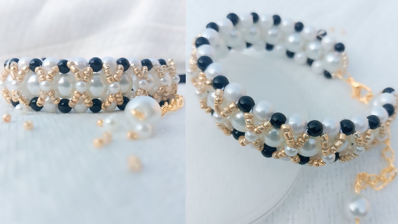 Beautiful pearl bracelet making idea | handmade jewelry | black and white bracelet