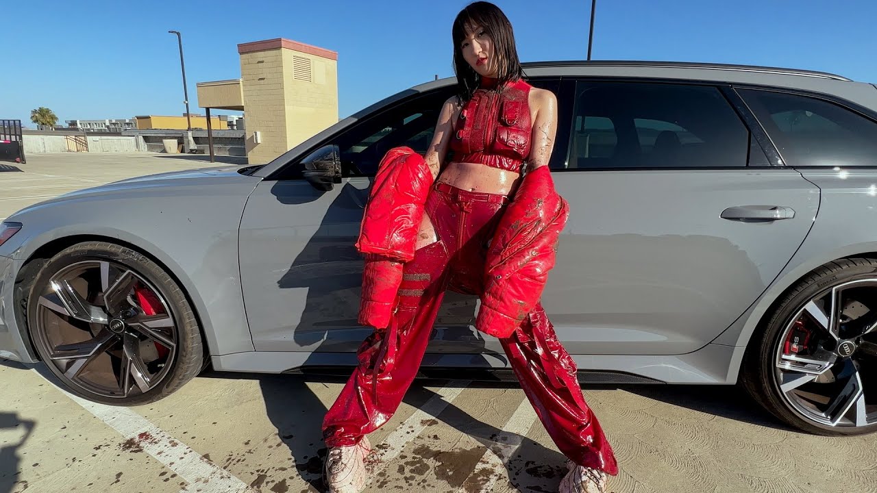 Muddy Asian Car Girl Trashed Shiny Latex Adidas Puffer Jacket & Namilia Bodysuit In Motor Oil & Mud