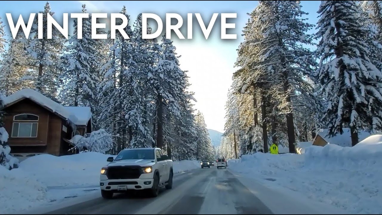 Relaxing Winter Drive. Road Trip in Snow. Scenic Driving in Snowy South Lake Tahoe