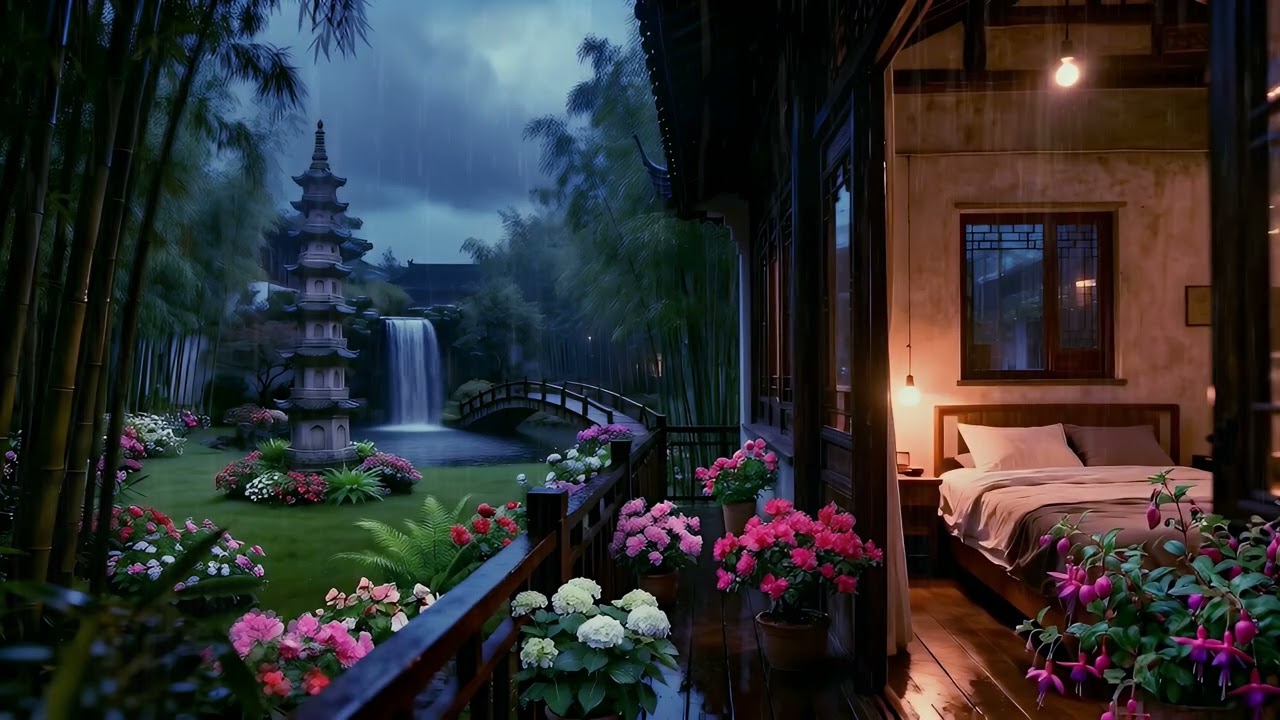 Soothing Rain and Thunder Sounds in a Bedroom Overlooking a Serene Chinese Garden | 8 Hours of Sleep