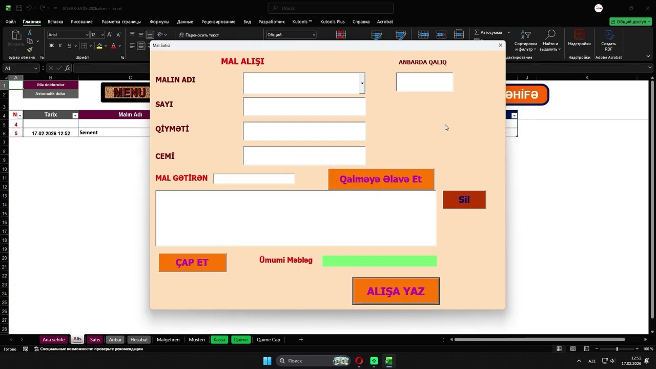 Excel Alis Satis Anbar Programi 2026