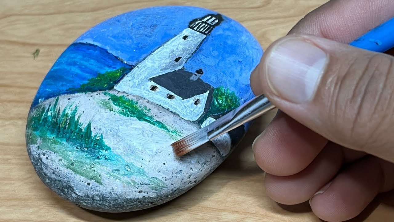 Lighthouse - Painted Rock | Easy Acrylic Painting