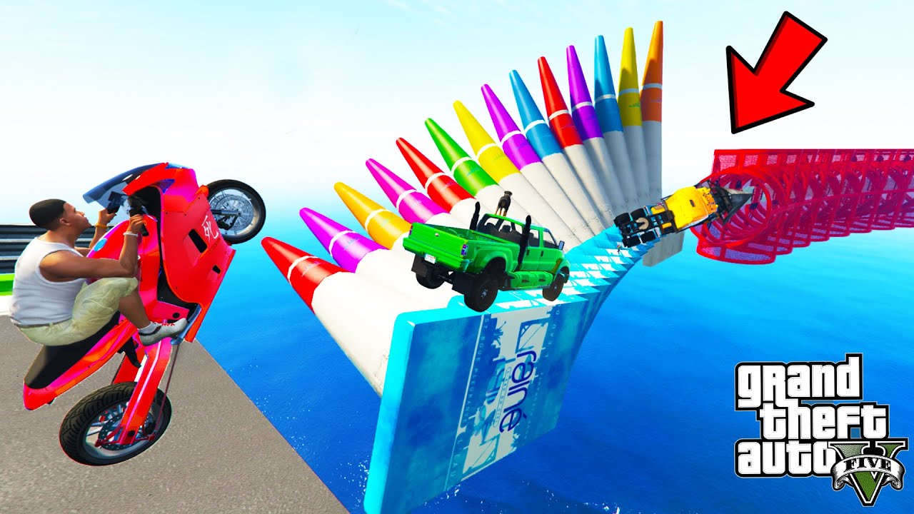 FRANKLIN TRIED IMPOSSIBLE MEGA RAMP PARKOUR CHALLENGE CARS BIKES TRUCKS GTA 5 | SHINCHAN and CHOP