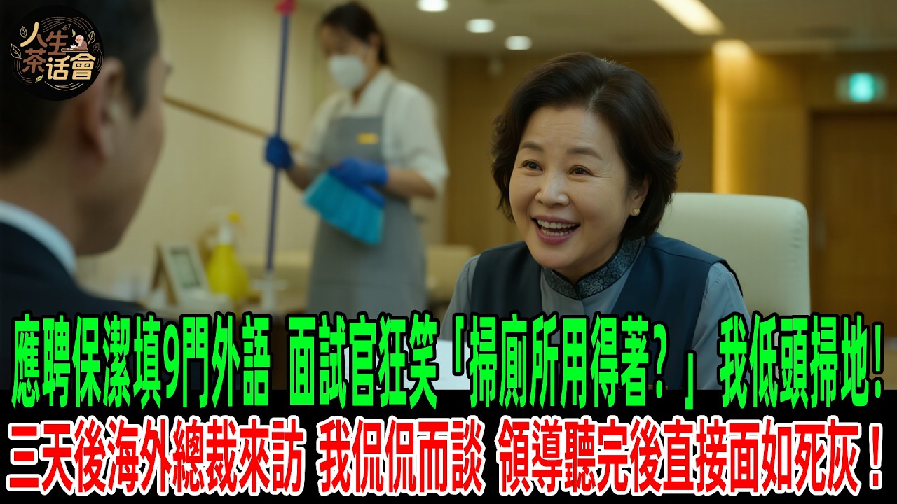 應聘保潔填9門外語，面試官狂笑：「掃廁所用得著？」我低頭掃地！三天後海外總裁來訪，我卻能侃侃而談，領導聽完後直接面如死灰！【人生茶話會】#情感故事 #老年生活#感人壹幕 #故事分享 #故事#原創