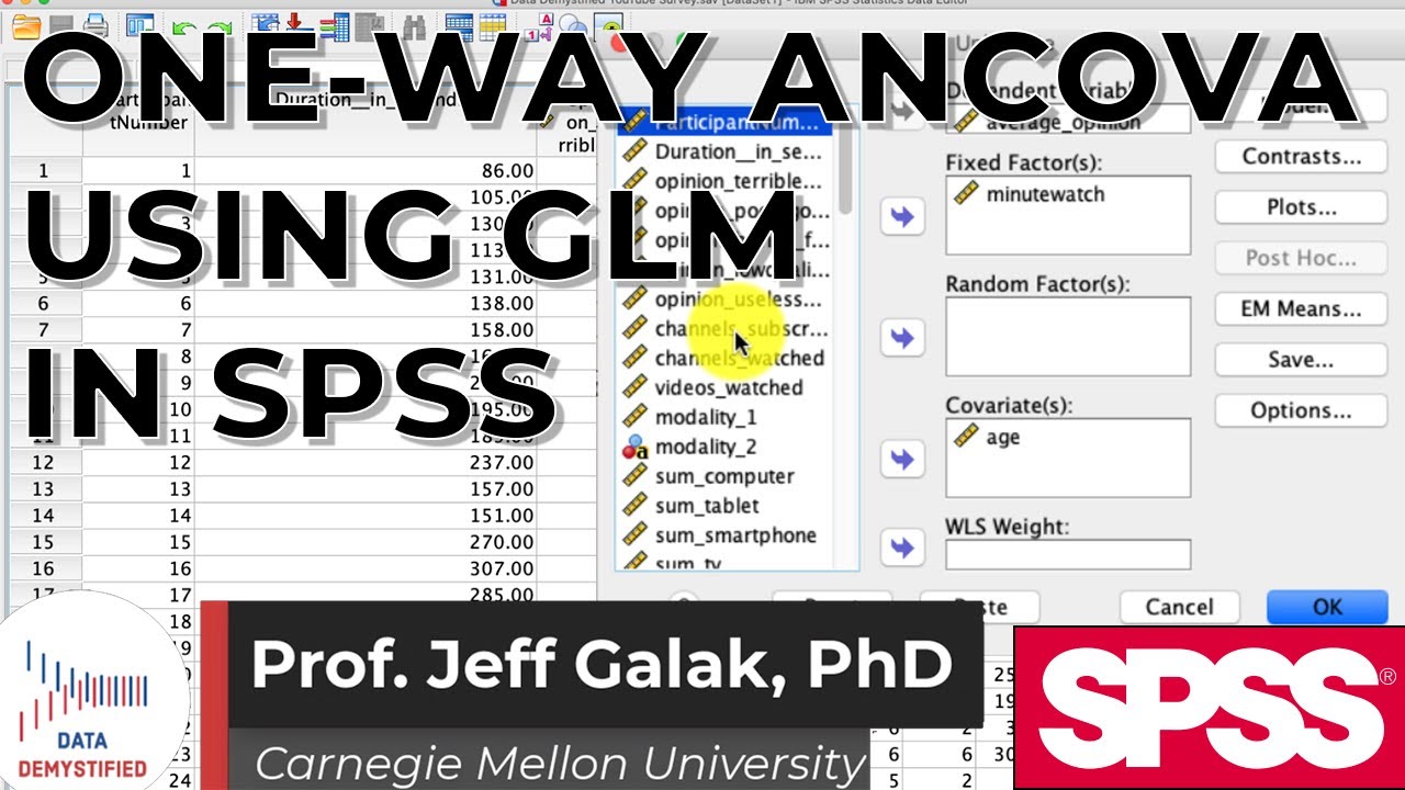 One Way ANCOVA (Analysis of Covariance) in SPSS  (SPSS Tutorial Video #18) -  General Linear Model