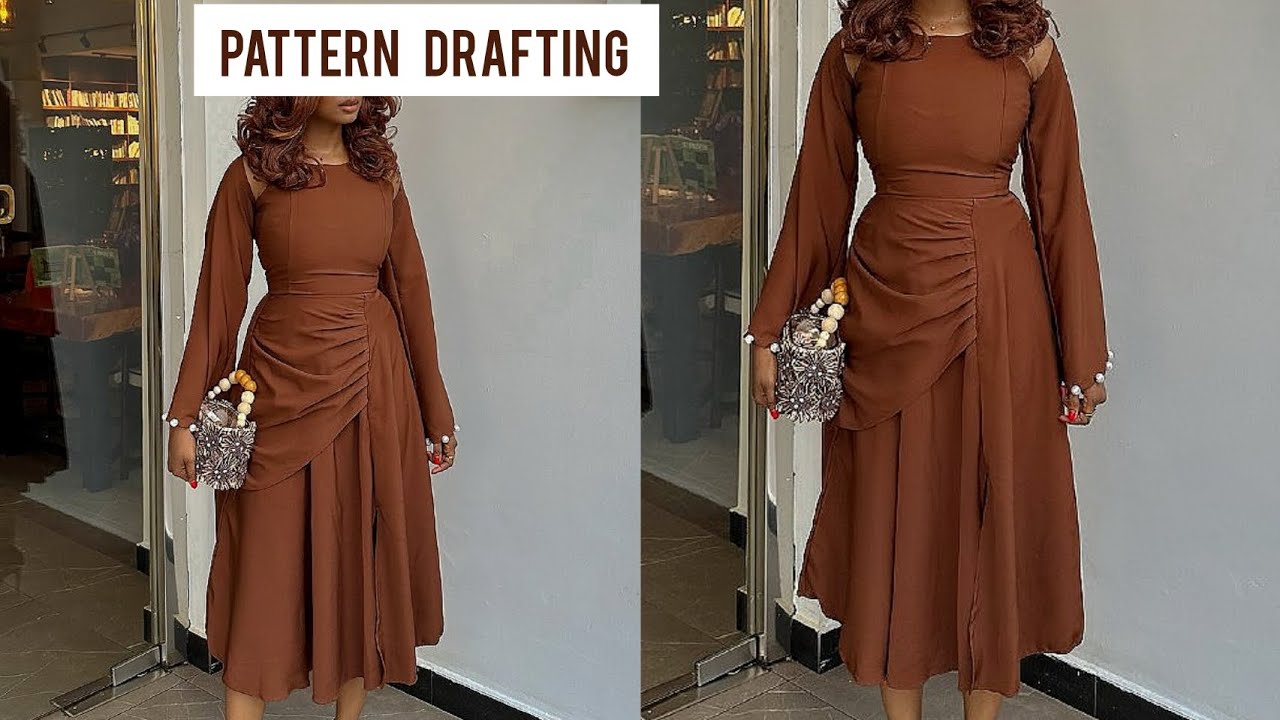 LET US DRAFT : MIDI FLARE DRESS WITH KEYHOLE SHOULDER/COLD SHOULDER PATTERN | BELL SLEEVE PATTERN