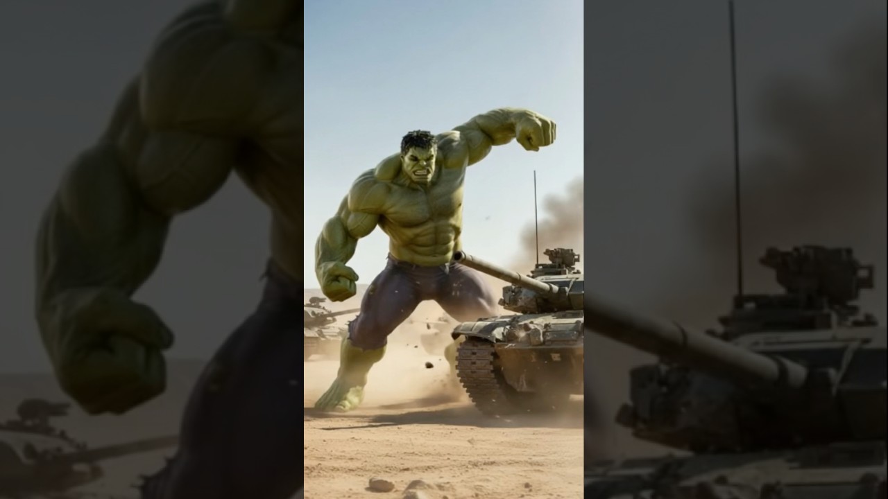Green Hulk Fighting the Military Tanks in Desert