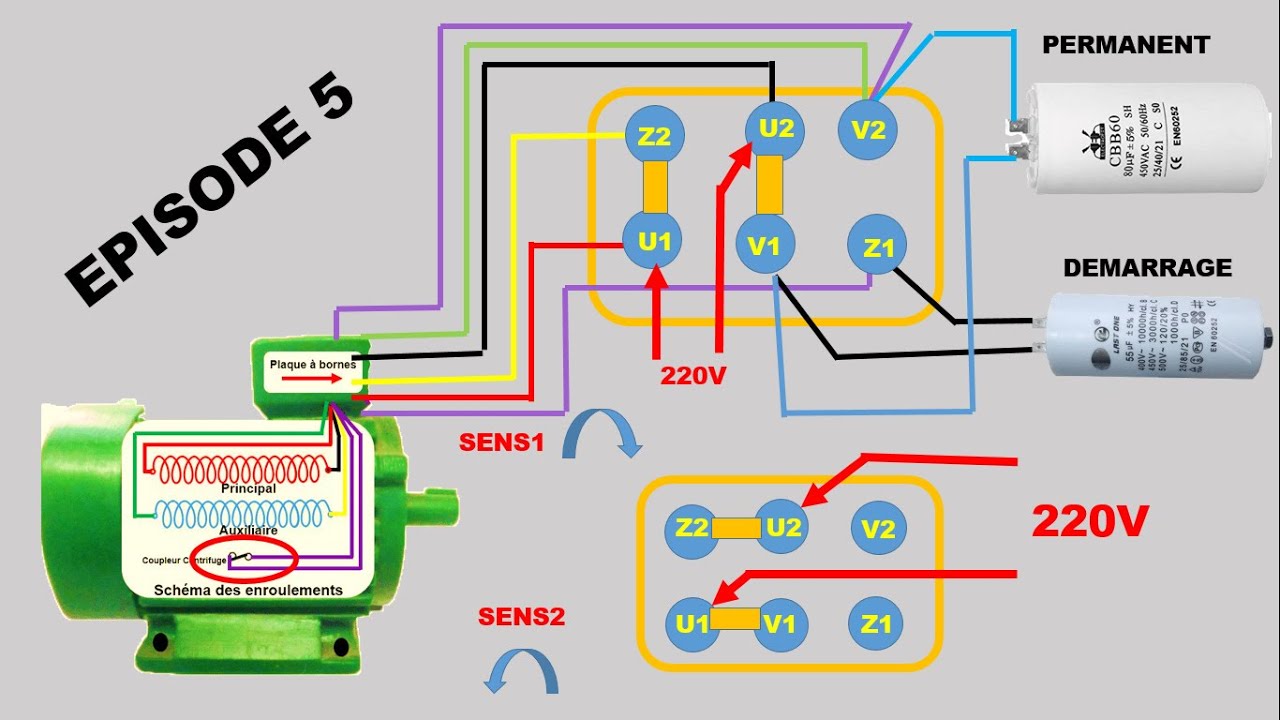 Mot monophasée 6 FILS à conden permanent et démarrage avec coupleur centrifuge  2 sens de rotation