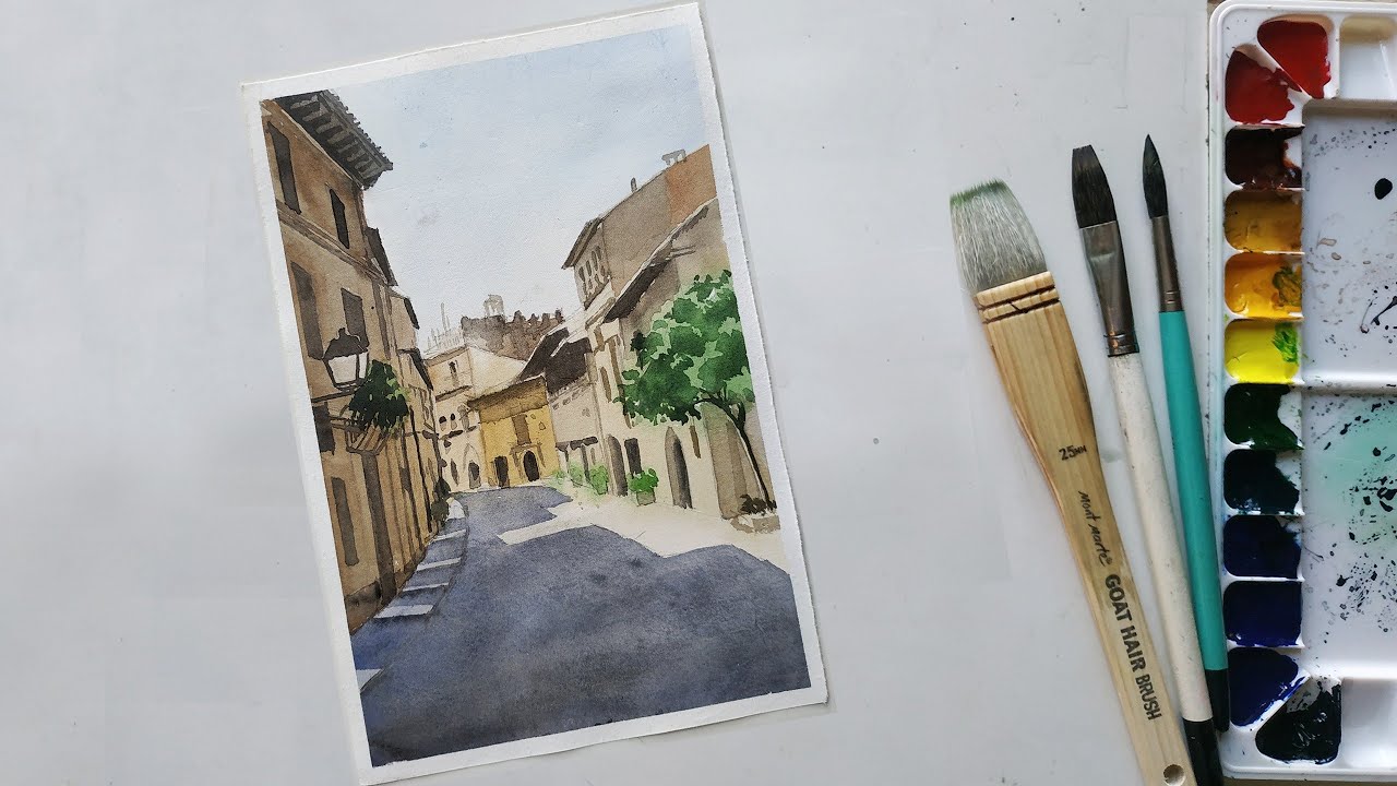 Watercolor tutorial - How to paint Old street scenery in Spain.